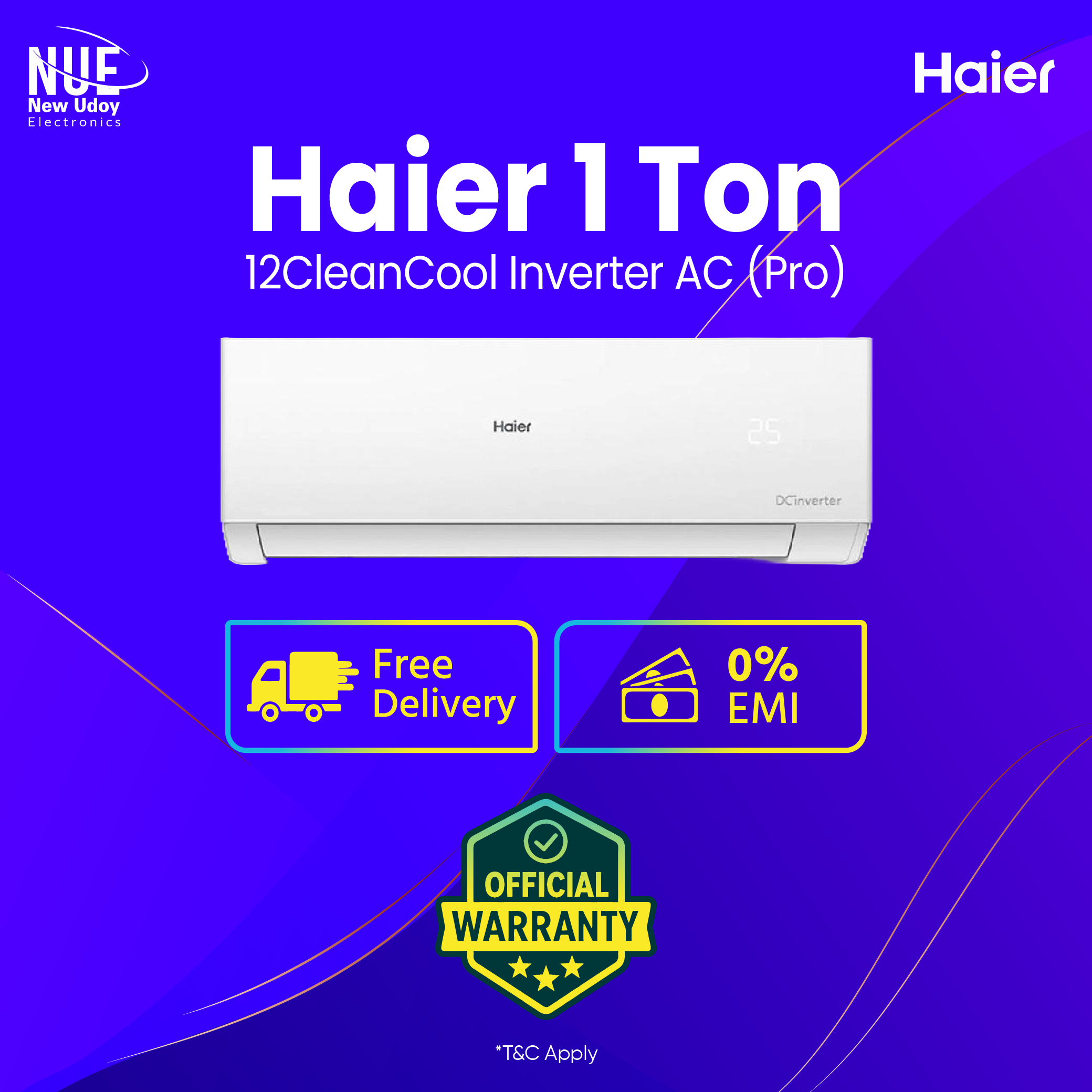Haier 1 Ton CleanCool Inverter AC -[HSU-12CleanCool(INV)(Pro)]   Free Delivery   0% EMI Available, Official Warranty by Haier