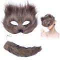Happy night Therian Mask and Tail Set Fuzzy Cats Foxes Wolf Mask Tail Halloween Cosplays Costume Halloween Cosplays Stage Costume 2024.