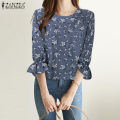 ZANZEA Korean Style Women Floral Printed Tops Ruffle 3/4 Sleeve Office Lady Shirt Blouse. 