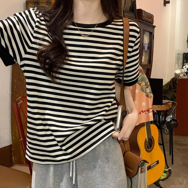 Korean%20Style%20Black%20Striped%20round%20Neck%20Contrast%20Color%20Short%20Sleeve%20T%20T-shirt%20Women's%20Spring%20and%20Autumn%20New%20Hong%20Kong%20Style%20Retro%20Easy%20Matching%20Bottoming%20Shirt%20Inner%20Wear%20-%20Image%202