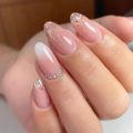 24Pcs/Set White Edge Oval Gradient Nails Press on 3D Dots Diamonds Wearable False Nails Almonds Press on Acrylic Nail Tips. 