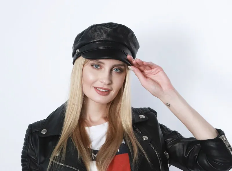 Wholesale Women Man Leather Baseball Cap Hat Brand Black Leather
