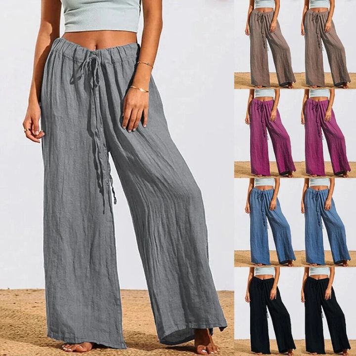 Lavish indulgent - Womens Cotton Linen Trousers Ladies Elasticated Loose Wide Leg Pants Palazzo - Sensible - Must Have - Durablity Assurance