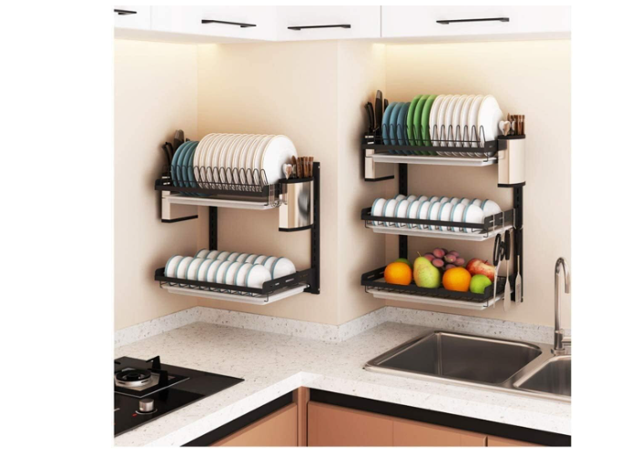 Dish Rack Color HiInn Convenience Dish Drainer with Drip Tray, 2 Tier Wall Mounted Dish ...