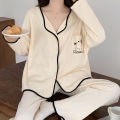 Pajamas Women's Cardigan V-Neck New Spring and Autumn Waffle Long Sleeve Ins Style Cute Ladies Kimono Loungewear Set. 