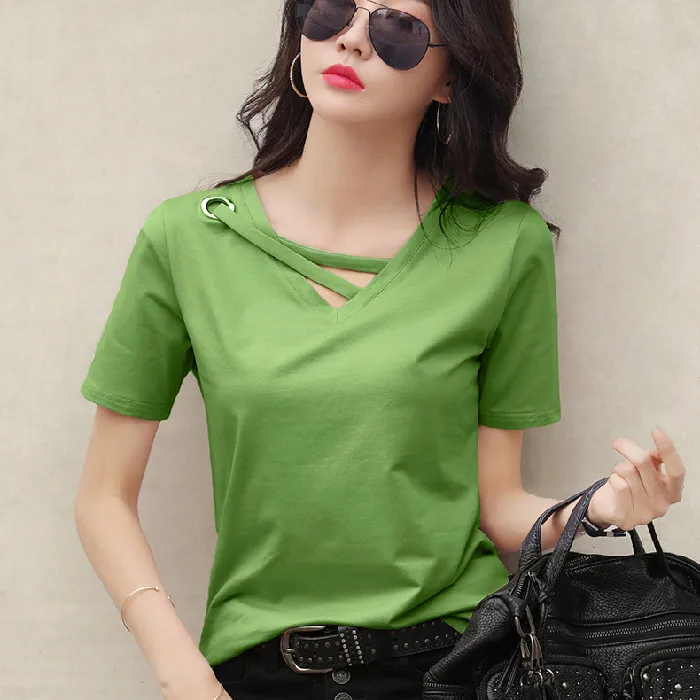 Women's%20Short%20Sleeve%202022%20New%20Summer%20Solid%20Color%20T%20Women's%20T-shirt%20V%20Collar%20Loose%20Korean%20Style%20Hollow%20Top%20Casual%20ins%20T-shirt%20Fashion%20-%20Image%207