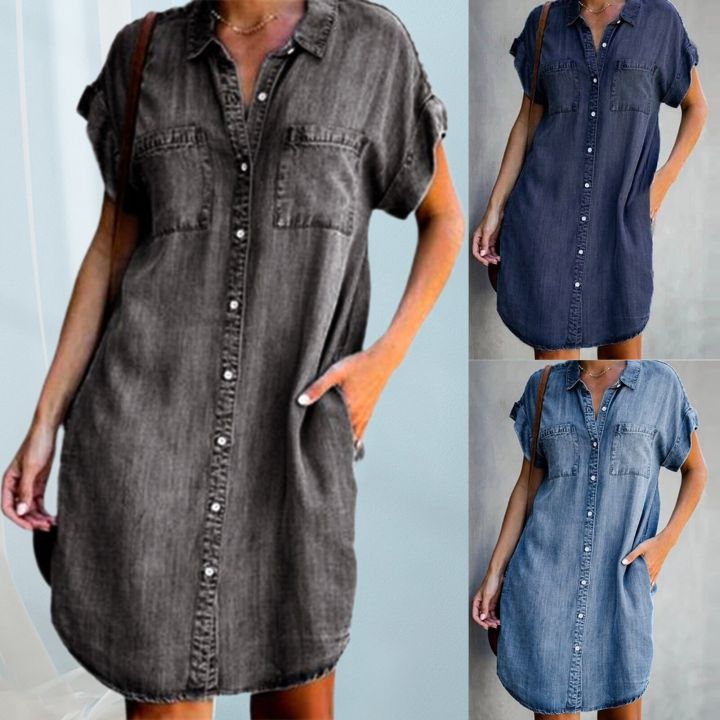 2023 Casual Korean Plus Size Denim Dress For Women Summer Dresses Lapel Pocket Loose Long ladies Jeans Dress 5XL Vestidos