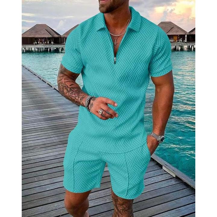 2023 New Men's Suit 3D Color Stitching Print Summer Short Sleeve Polo Shirt Shorts Suit Fashion Zipper Polo Shirt Two Piece Set