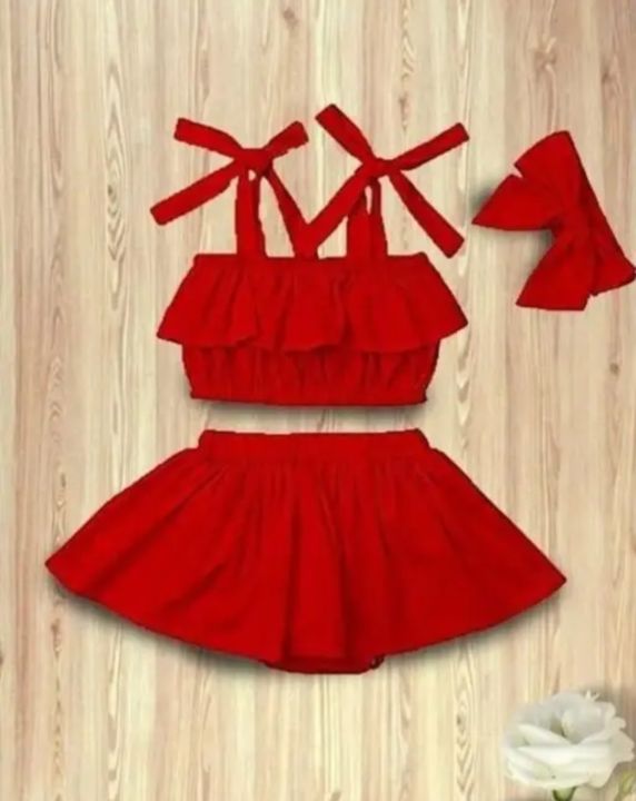 Kids Baby Girls Outfits Ruffle Off Shoulder Crop Tops + Bow-Knot Cotton Shorts Skirt Set 0-7