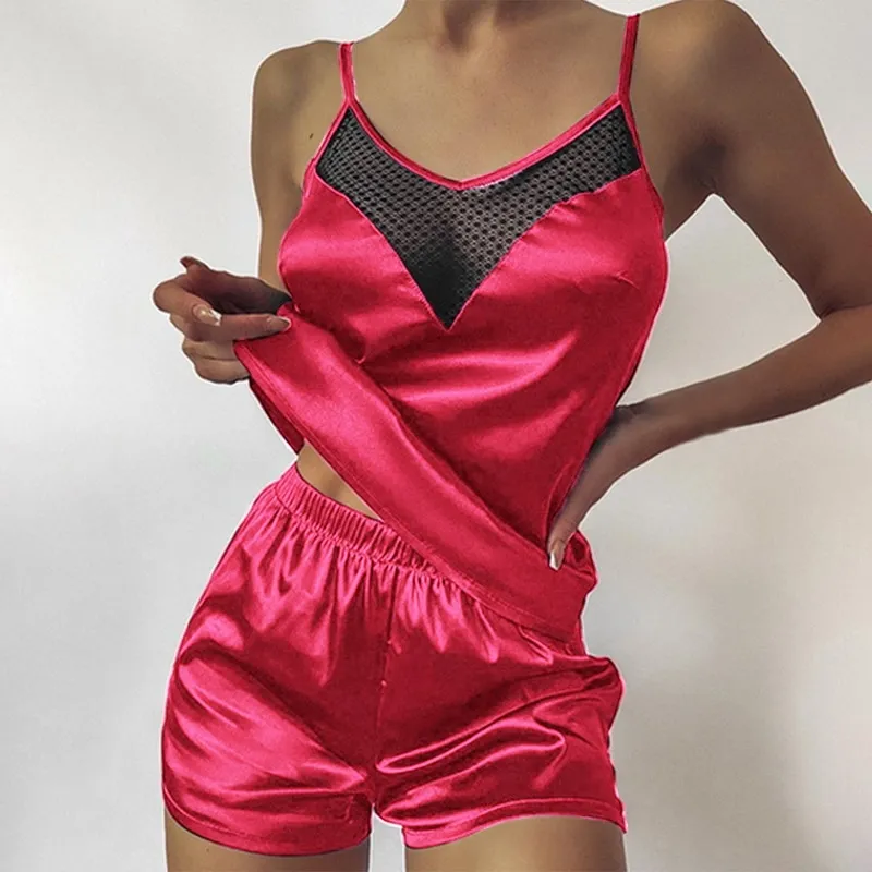 Crop Red Satin Pj Short Set Two Piece Cotton Pajama Set Y Lips