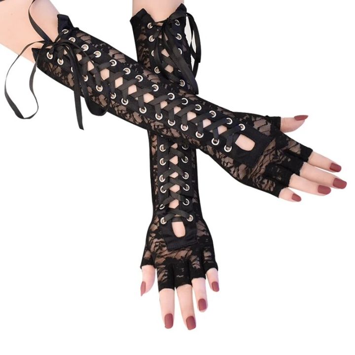 1 Pair Halloween Retro Women Long Gloves Lace Corset Arm Elbow Fingerless Black Glove