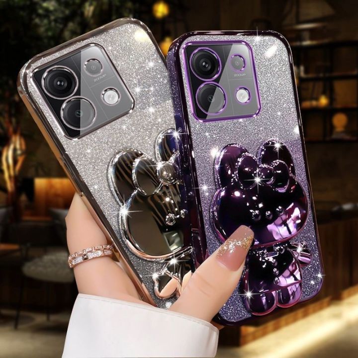 For Infinix Note 40 4G / Note 40 Pro 4G 5G / Note 40 Pro Plus 5G Back Cover case with Cute Rabbit Makeup Mirror Stand Luxury Slim Gradient Plating Glitter Girls Back cover Clear Soft Silicone Protective Pouch