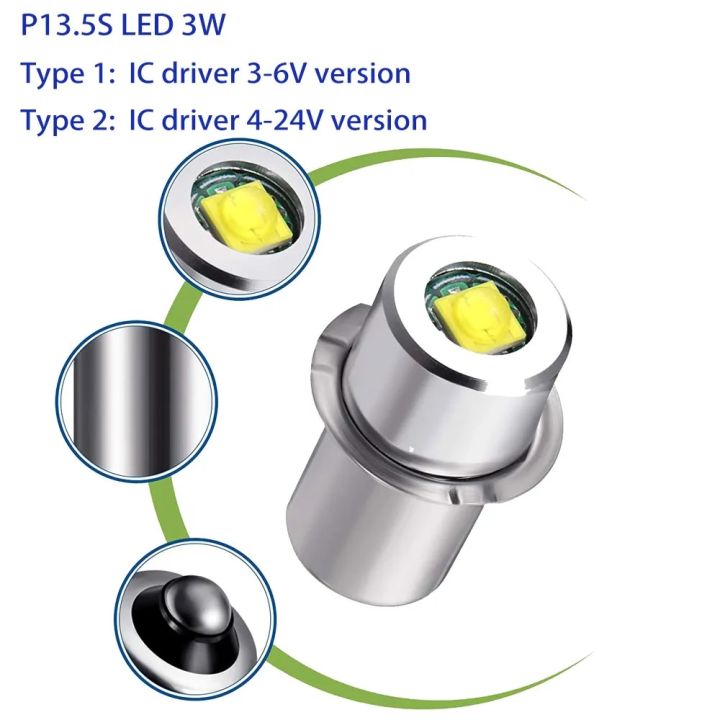 P13.5S Mag Light LED Bulb 3-16 C D Cells Maglite Torch Flashlight LED Converter 3V 4.5V 6V 9V 12V 18V 24V White