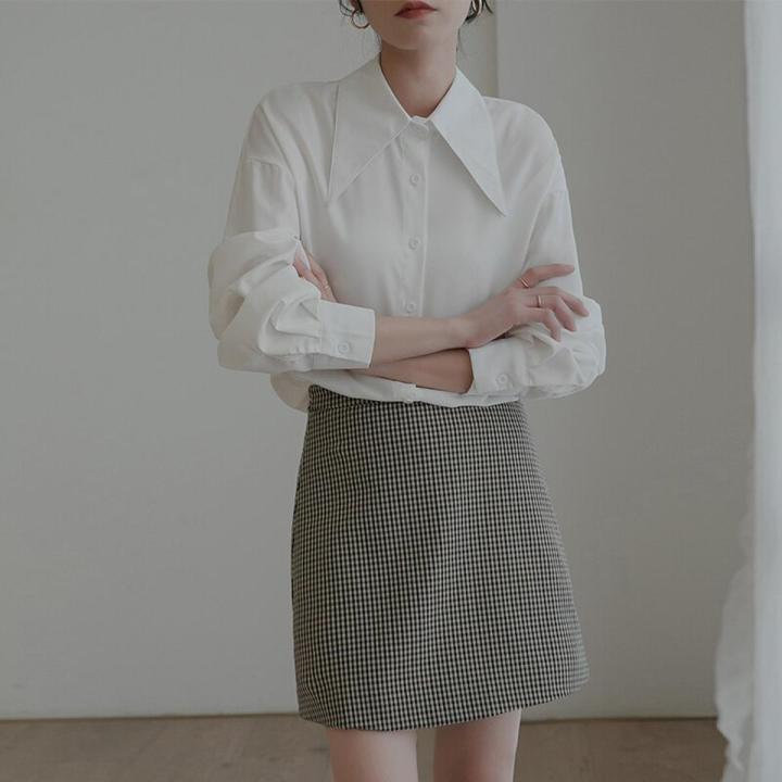 Women White Pointed Collar Shirt Solid Color Full Sleeve Shirt Women Safari Style Spring Summer New Temperament Lightweight Lq22