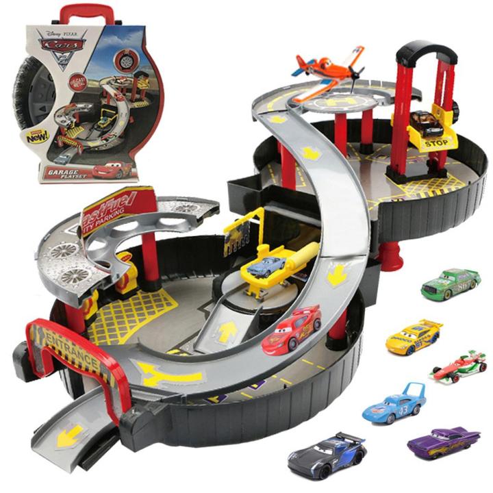 【The road to happiness Store】Disney Pixar Cars 2 Portable Racing Track Lightning Mcqueen Storm Jackson Diecasts Toy Car Children Boy Gift