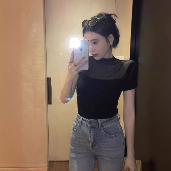 2023%20Black%20Mesh%20Micro-Transparent%20Lace%20Stitching%20T%20T-shirt%20Summer%20New%20Hot%20Girl%20Slim%20Fit%20Fashion%20Short%20Sleeve%20Top%20Women's%20Clothing%20-%20Image%203
