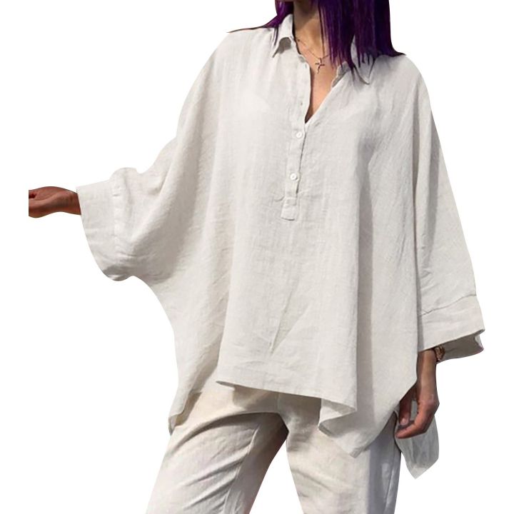 Summer%20Shirt%20Women%20Plus%20Size%20Loose%20Cotton%20Lapel%20Rolled%20Short%20Sleeve%20Shirt%20Tee%20Oversized%20Women%20Tops%20Summer%20Tunics%20Blusas%20Mujer%20-%20Image%203