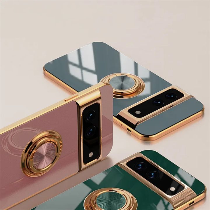 Luxury Plating Silicone Shockproof Phone Case For Google Pixel 8 7 Pro 7A 6A 5A Metal Ring Magnetic Holder Stand Soft Back Cover Abandon Abandon