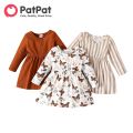 PatPat NewBorn Dresses Baby Girl Clothes New Born Babies Kids Birthday Party Dress Ribbed Striped Long-sleeve Overalls Children.
