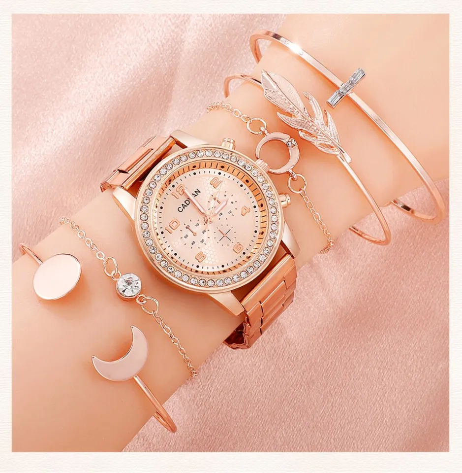 6PCS Set Women Rose Gold Luxury Quartz Watch Rhinestone 