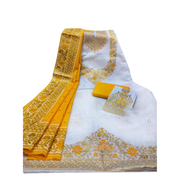 White & Yellow Color Cotton Unstitched Afsan and Screen Print High-Quality Three-Piece Dress for Woman
