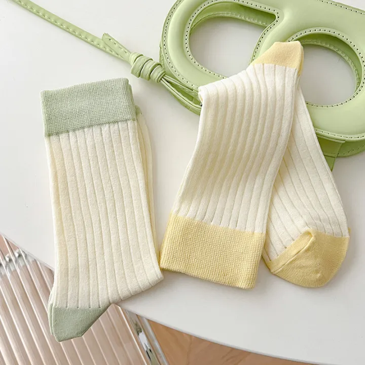 suxinaimin%20Spring%20and%20Summer%20New%20Socks%20Women's%20Japanese%20Style%20Mid-Calf%20High%20Length%20Cotton%20Socks%20Versatile%20Contrast%20Color%20Thin%20Bunching%20Socks%20-%20Image%204