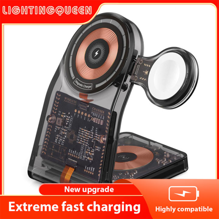 Clear magnetic wireless charger stand for Apple Watch 8 7 iPhone 14 13 12 Pro Max 11 AirPods 15W fast wireless charging