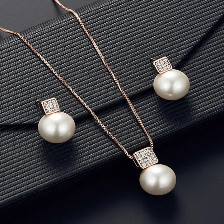 3Pcs%20Fashion%20Elegant%20Imitation%20Pearl%20Rhinestones%20Geometry%20Necklace%20Earrings%20For%20Women%20Bride%20Wedding%20Party%20Jewelry%20Set%20Gifts%20Mzea%20-%20Image%202
