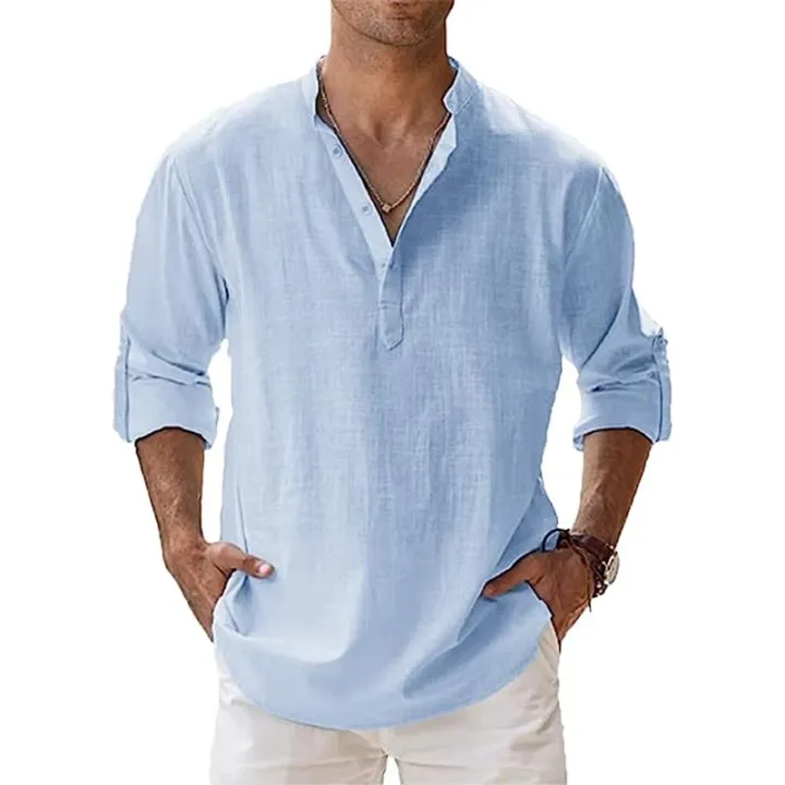New%20Men's%20Cotton%20Shirts%20Linen%20Casual%20Long%20Sleeve%20Button%20Down%20Shirt%20Band%20Collar%20Loose%20Tops%20M-5XL%20-%20Image%203