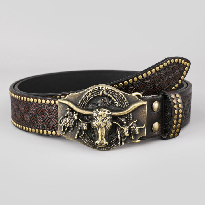 Cross Border Western Cowboy Belt Bull Head Harness Trend Vintage Youth Punk Embossed Men's Studd Leather Belt