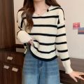 Spring and Autumn New Casual All-Match Sweater Women's Retro Short Striped Sweater polo Collar Outer Wear Long-Sleeved Sweater.