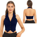 Women Notched Lapel Backless Button Down Suit Vest Solid Color Casual Waistcoat 2025..