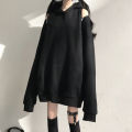 Black hooded sweatshirt women's Harajuku style dark black new off-the-shoulder pullover top spring loose casual bf long sleeves. 