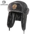 【happy one】Badge Russia Ushanka Hat Waterproof Bomber Hats Trapper trooper Winter Faux Rabbit Fur Snow Caps.