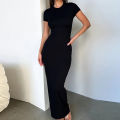 Solid Black White Skinny Long Dress Women's Summer Fashion Plain Bodycon Maxi Tshirt Dress Ladies Simple Casual Slim Dresses. 