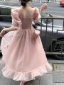 2023 Summer Lace Vintage Pink Dress Women Fairy French Party Midi Dress Office Lady Elegant One Piece Dress Korean Fashion Chic. 