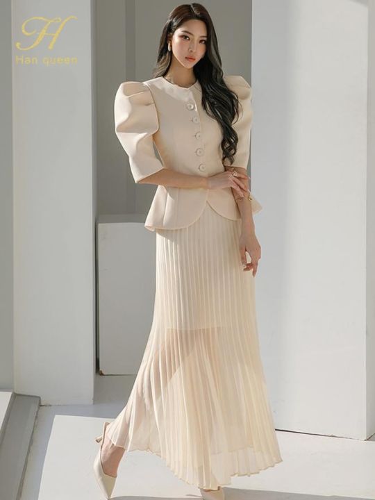 H Han Queen New Work Wear 2 Pieces A-Line Pleated Vestidos Korean Slim Vintage Dresses Elegant Fashion Summer Casual Party Dress