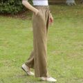 【Zihe】Linen Wide-Leg Pants Straight High Waist Solid Color Casual Pants Loose and Elastic Cropped Summer Versatile Ladies.