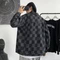 Korean Style Men Graphic Jean Jacket Mens Fashion Checkerboard Plaid Denim Jacket Spring and Autumn Loose crago Jackets. 