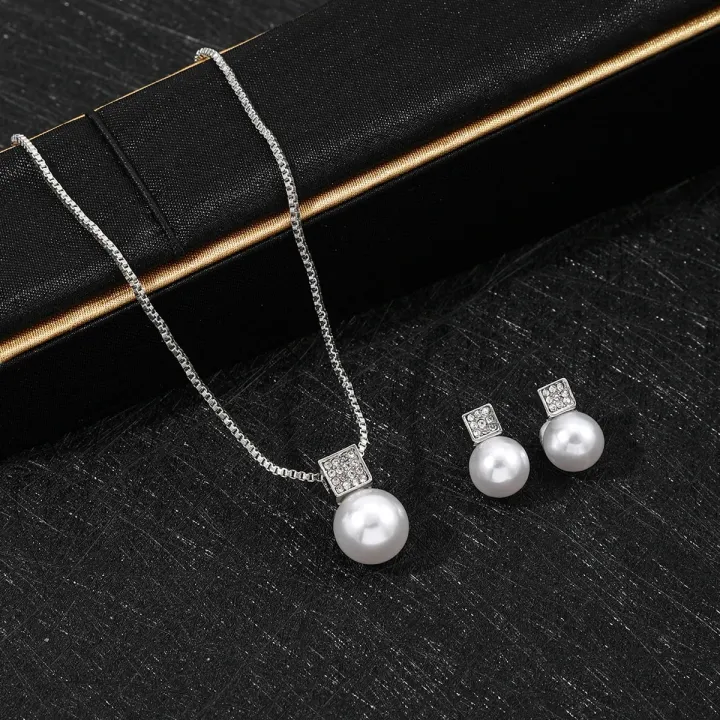 Fashion%20Women%20Elegant%20Imitation%20Pearl%20Necklace%20Earrings%20Rhinestones%20Geometry%20Necklaces%20Bride%20Wedding%20Party%20Jewelry%20Set%20Gifts%20New%20-%20Image%202