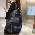 Trendy Cool Patch Women Backpack Washed Denim College Backpack Men Female Laptop School Bags Large Capacity Travel Shoulder Bag.
