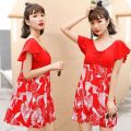 Swimsuit ladies plus size conservative one-piece skirt style middle-aged mom covering flesh thin flat corner beach vacation slightly chubby swimsuit.