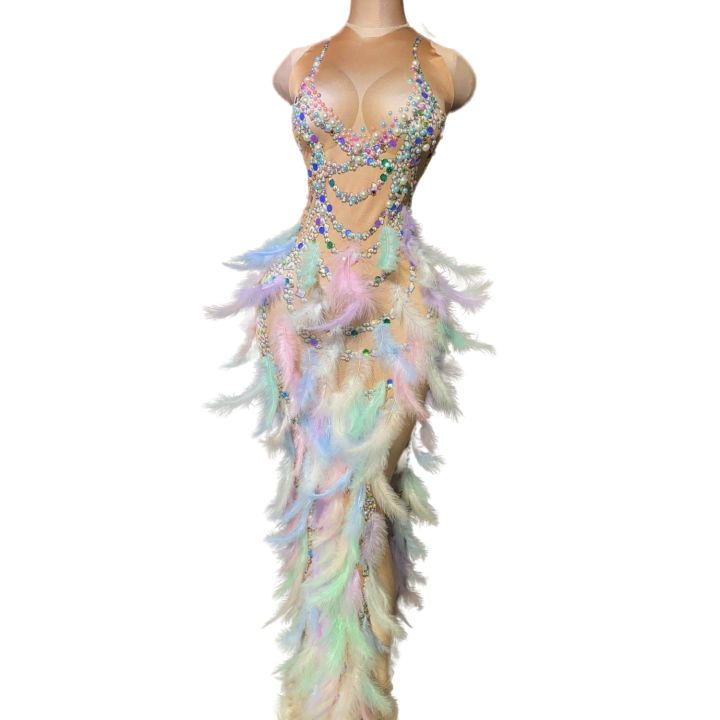 Nightclub%20Party%20Celebration%20Feather%20Rhinestone%20Dress%20Women%20Elastic%20Sleeveless%20Prom%20High%20Slit%20Dress%20Stage%20Performance%20Outfit%20-%20Image%204