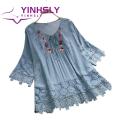 Summer Shirt V-Neck Crochet Lace Trim Flower Decor Casual Shirt.