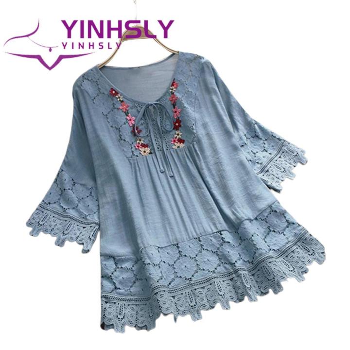 Summer Shirt V-Neck Crochet Lace Trim Flower Decor Casual Shirt