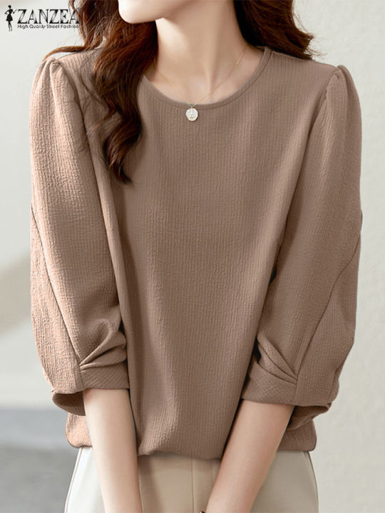 Autumn Spring Women Blouses 2023 ZANZEA Solid Tops 3/4 Sleeved Office O-Neck Shirts Blusas Casual Streetwear Female Tunic House Foocus