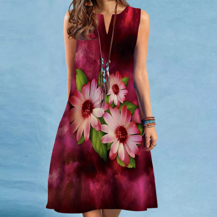 2023European and American New Dress Women's Fashion Bohemian Beach DressVCollar Sleeveless Foreign Trade Dress