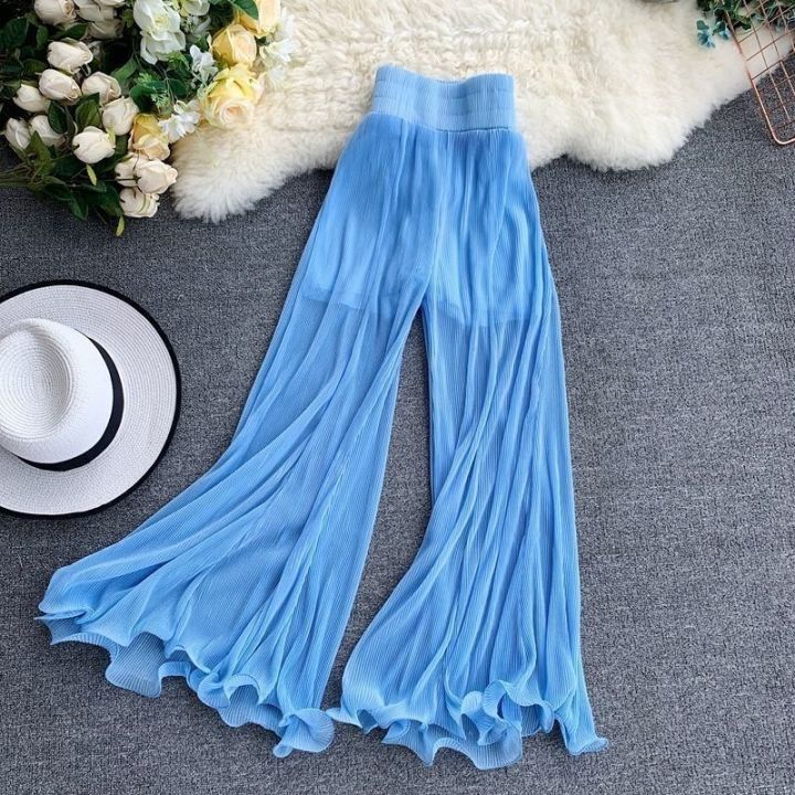 Fishtail%20Trousers%20Women%20Baggy%20Pants%20New%20Wide%20Leg%20Ruffled%20Flare%20Pants%20Elastic%20Waist%20Pleated%20White%20Tulle%20Pants%20Thin%20Spring%20Wild%20-%20Image%203