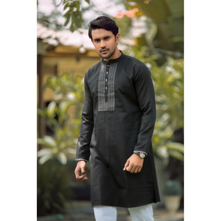 Masculine Black Semi Fit Casual  Panjabi For Men