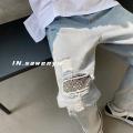Ripped Jeans Men's European and American High StreetinsTrendy All-Match Loose Straight Wide Leg Pu Handsome Cropped Pants Men.